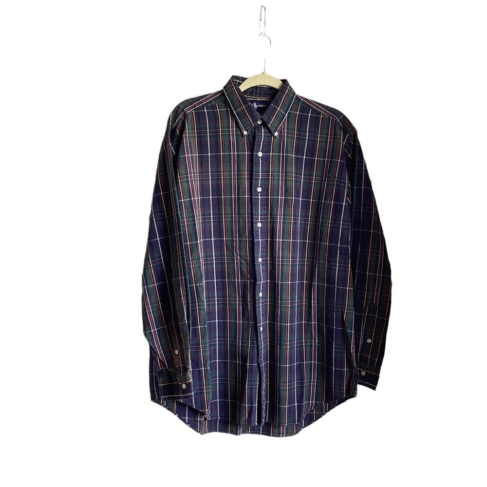 Ralph Lauren Men’s Plaid Button Down Long Sleeve Shirt.  Size L. Navy/Yellow/Red